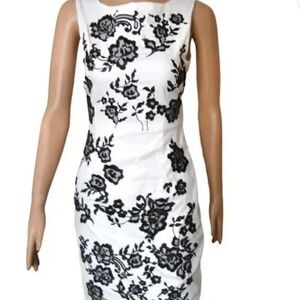 COAST WHITE SATIN BLACK LACE FLORAL COCKTAIL SHEATH DRESS  SIZE UK 8